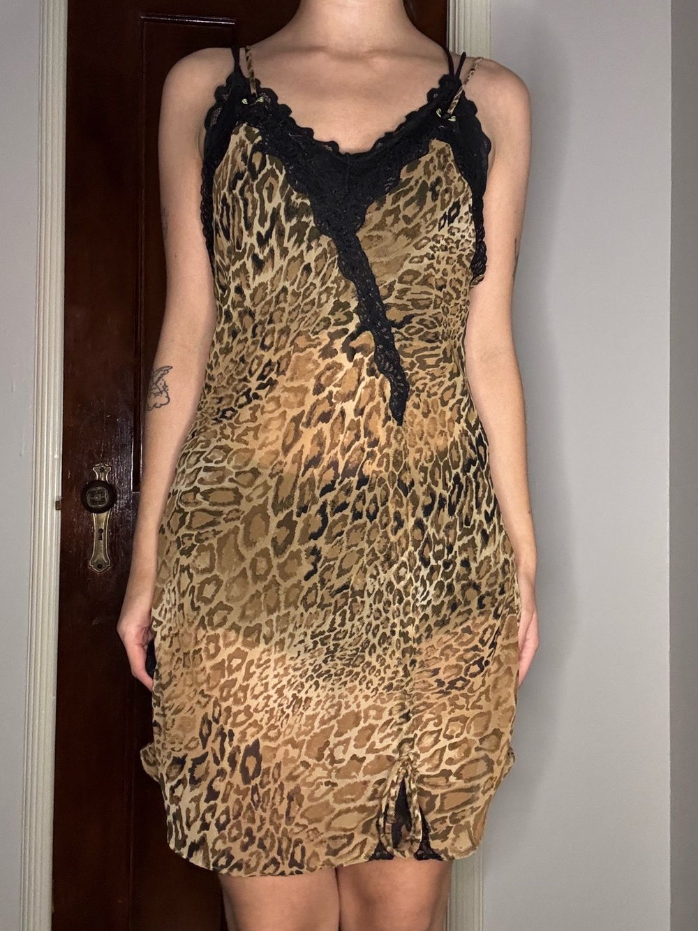 y2k leopard print silk slip dress lace trim (Je T’Adore), brown & black